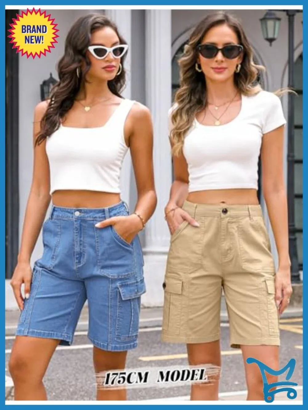 High Waisted Bermuda Cargo Shorts for Women Stretch Denim 9 Inch Inseam